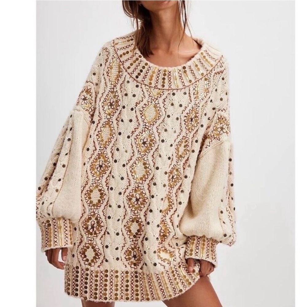 Free People Womens XS Gilded Cableknit Embroidered Sequin Sweater Cozy Boho NWOT